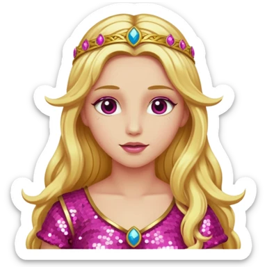 Venus from Ancient Gods with pink skin, long golden blonde hair, dark pink sequin outfit sticker