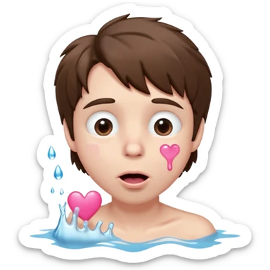Pale Boy with shaggy brown hair, pink heart shaped eyes looking up , mouth open , water drop dripping from lips, hand touching cheek sticker