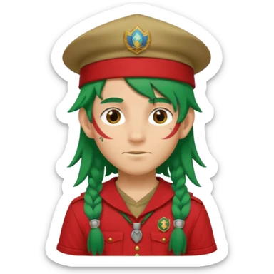 scout boy long hair face tatooes green haired, wearing red uniform with hat sticker