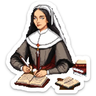 Sor Juana Inés de la Cruz with a quill pen and books sticker