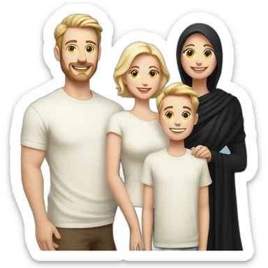 Daddy with white skin wear cream tshirt and his wife with white skin wear long blaus with black shawl also his son wear cream tshirt sticker