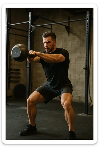 a man performing a kettlebell swing, Crossfit workout, dynamic movement, athletic fitness sticker