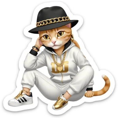 female cat lying horizontally on the ground, crying, dressed like Run DMC with tracksuit, fedora, Adidas shoes, lots of gold chains, rings, bracelets, earrings, no sunglasses sticker