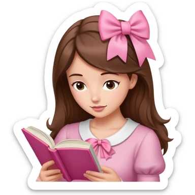 a brown haired, fair skinned female reader reading a pink romance novel with bow sticker