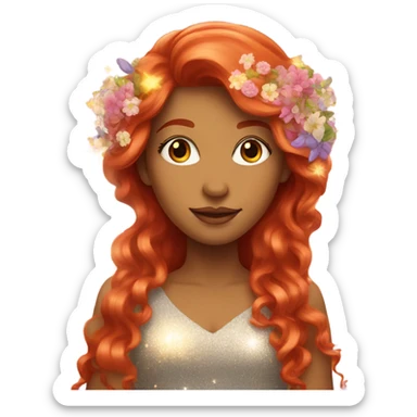 Long Red haired woman with flowers in her hair surrounded by sparkles  sticker