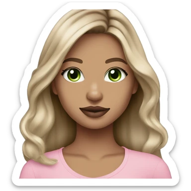 dark blonde balayage girl green eyes long hair pink lips rosy cheeks holding a gray tabby  sticker