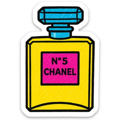 Chanel perfume bottle in a pop art style, bold colors, graphic outlines sticker
