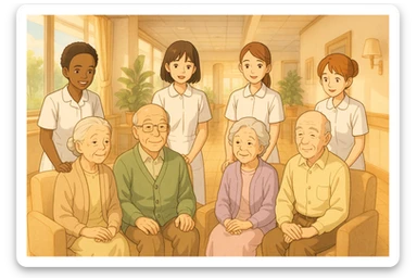 Four nursing students inspired by provided faces, wearing complete white short-sleeve uniforms without stethoscopes, accompanying elderly seated patients, Ghibli style, bright and warm hospital interior decor. sticker