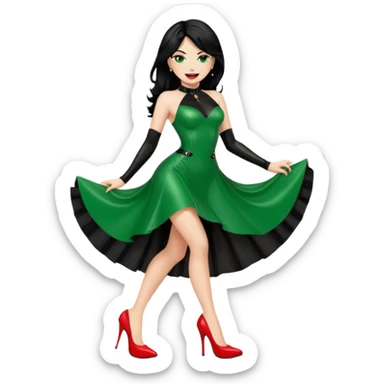 🕵🏻‍♀️💦🧥 black hair , green eyes , red high heels , dominatrix dress , 😂 sticker