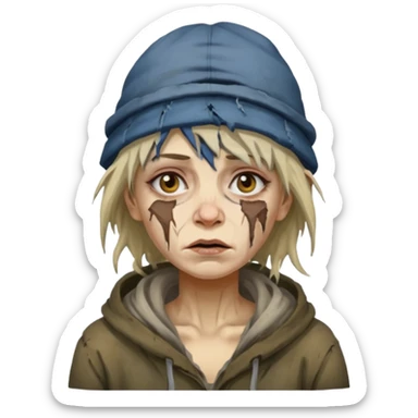 very dirty looking homeless woman with ripped hat and smudged face with ugly hair sticker