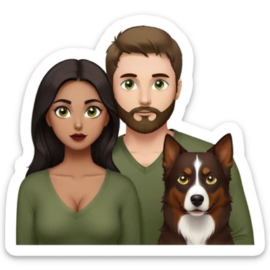 Thin white guy with beard and widows peak and green eyes and large pointy nose in olive green long sleeve AND One latina girl with long beautiful dark hair and dark eyes in a dark red v neck and makeup with her black tri colored  Australian shepherd large sticker