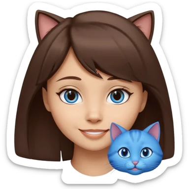girl with sidebang, light skin, mocha brown hair, blue cat eyes, smiling sticker