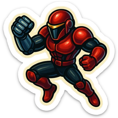 Scarlet Duke from the future, retro sticker style, robotic arm, sleek helmet, red and black armor, dynamic action pose, sticker effect sticker
