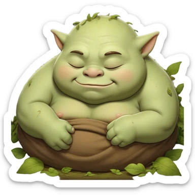 Meme-Worthy Cute Sleeping Ogre Portrait Emoji, with a surprisingly endearing, plump figure in soft earthy greens and browns, head drooping gently with closed, relaxed eyes and a content, sleepy grin, simplified yet adorably detailed, glowing with a soft warm outline that captures the peaceful slumber of a friendly ogre after a day of gentle mischief! sticker