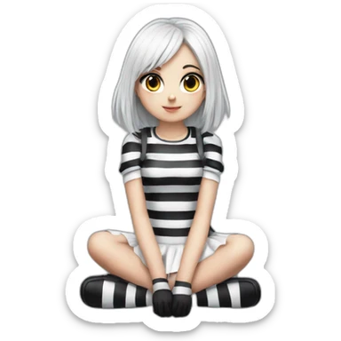 Hyperrealistic Frontal view curvy emo girl sits white skirt striped stockings hands up sticker