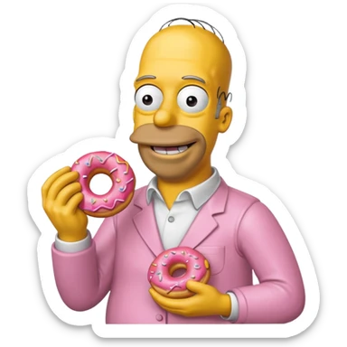 Homer Simpson grinning, holding a donut up, yellow skin, pink donut, plain background sticker
