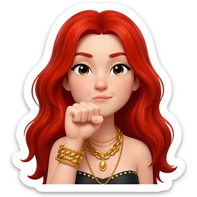 Not showing finger but fist on mouth and blowed mouth....she is red hair and tacky jewellery and cool....the hand is on her mouth and she is smirking and long hait sticker