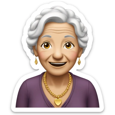 An elderly woman smiled until her eyes were closed, her hair was white in braids and her skin was white with wrinkles. She wore gold jewelry, including a necklace with a heart pendant.  sticker