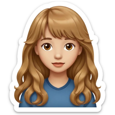 Please generate a portrait of a pretty girl with long, wavy, light brown hair and bangs. sticker