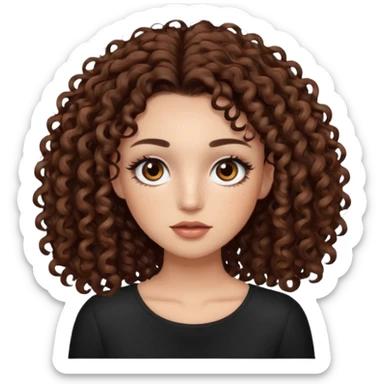 dark brown curly hair with dark brown eyes and too long lashes and some make up with freckle and light brown skin sticker