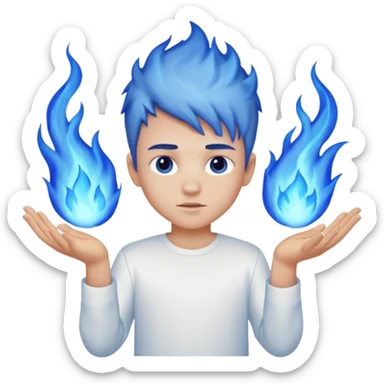 A boy with no hands fire instead made out of fire and blue fire on a white shirt that the boy is wearing  sticker