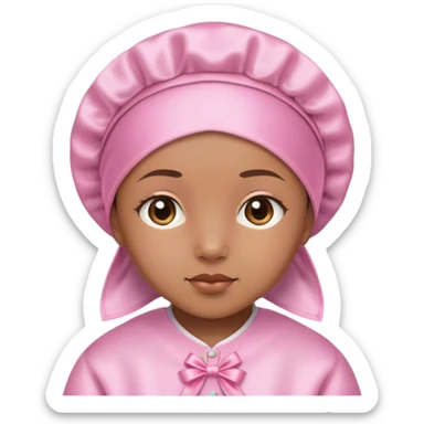 Tisme wearing a satin bonnet and a pink piyama sticker