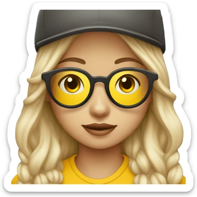 emoji of a girl wearing a cap with glasses that are fitted with yellow lenses. Emphasise the yellow lenses. Change the skin of the person to a biege colour sticker