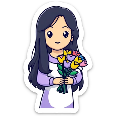 Beautiful girl with long black hair holding a bouquet of flowers sticker
