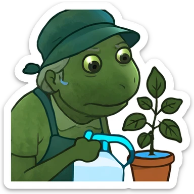 Old woman, wearing water pack, struggling to water house plants sticker