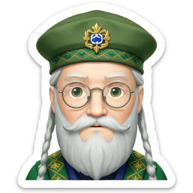 Dumbledore wear green scotland Tam o'shanter cap with decorative patterns, wear glasses, very long beard sticker