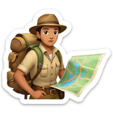 Icon for Adventure Movie: A vintage poster-style design featuring a daring explorer with a map, compass, and backpack. Include dramatic landscapes like jungles, mountains, and rivers, with a dynamic action scene. Bold, adventurous colors and a retro cinematic feel. Transparent background. sticker