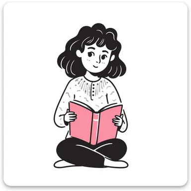 girly character with brown soft curly hair reading a pink book sticker