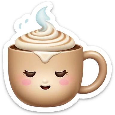 Cute Kawaii Coffee Cup, cozy and warm, a tiny swirl of steam shaped like a heart, round chubby face with a sleepy but content expression, soft pastel brown and cream colors, perfect morning vibes! sticker