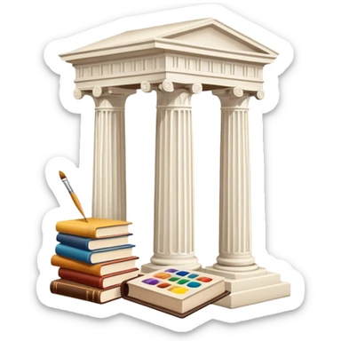 An icon featuring a paint palette, a sculpture, and a book, symbolizing the study of culture and art. The design includes a classical column and a canvas, representing art history and cultural exploration. Transparent background highlights the connection between creativity and history. sticker