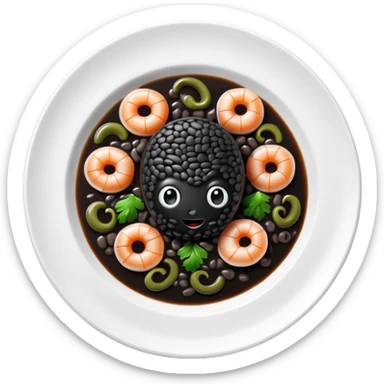 cinematic-realistic-black-risotto-dish-emoji,-showcasing-small squid pieces in black sauce -rendered-with-bold-textures-and-dynamic,-dramatic-lighting in a white plate sticker