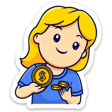smiling blonde girl holding gold coins sticker