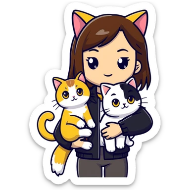 Light-skinned girl with brown straight hair wearing a black jacket, with a white cat with yellow eyes and a calico cat sticker