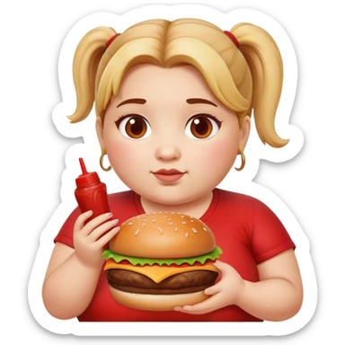 Una niña muy gorda con una coleta y con una hamburguesa en la mano y machada de ketchup sticker
