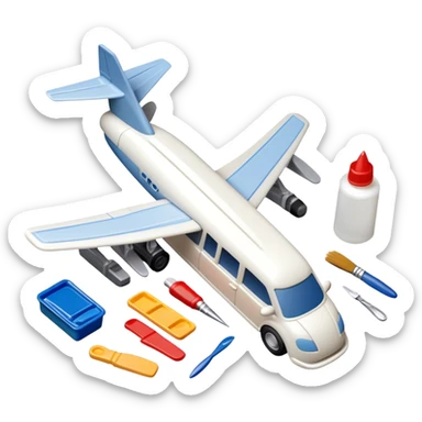 model-building tools like glue, paint, small paintbrushes, and pieces of a plastic model car or airplane in the process of being assembled. The design includes detailed textures of the model pieces and tools, capturing the focus and creativity of model building. Transparent background. sticker