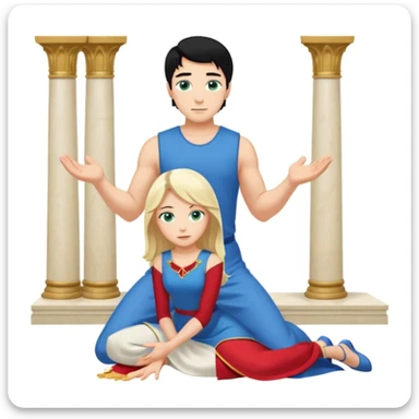 Man as king, black Hair, blue eyes, woman, blonde, green eyes, shott white sleveless Dress, kneeling, background palace sticker