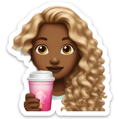 girl with brown and blonde ombré long curly hair holding Pink starbucks refresher sticker