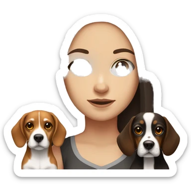 white girl with dark brown long hair, dark eyes, and a small beagle Dog with neakle red sticker
