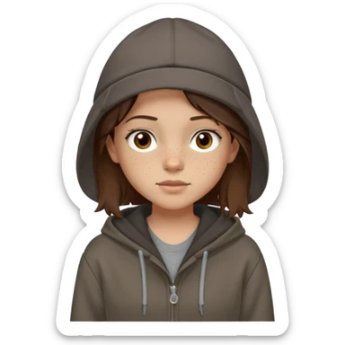 Hobo tomboy with light skin, freckles, shoulder-length center-parted dark brown hair. brown eyes, dark dull brown hoodie, grey shirt. Bolero hat sticker