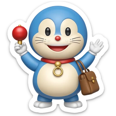 Doraemon, smiling, showing his bell and pocket sticker
