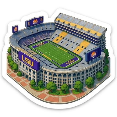 Изометричная, яркая, детализированная и фотореалистичная иллюстрация стадиона Tiger Stadium Louisiana в стиле 3D-коллажей городов, насыщенные цвета, аккуратные линии, мультяшно-реалистичная стилистика. Чёткие контуры, прозрачный фон, высокое качество. sticker