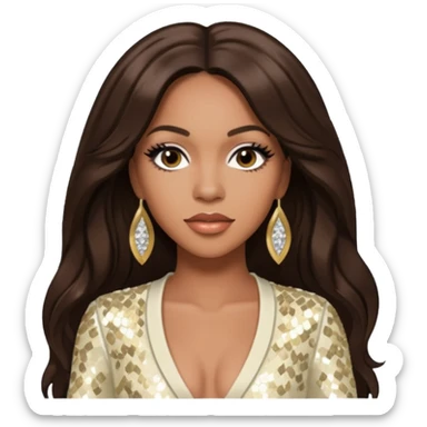 Farrah Franklin from Destiny's Child with long dark brown hair, ivory sequin outfit sticker