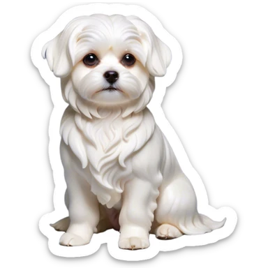 Cinematic Noble Wavy-Haired Maltese Dog Portrait Emoji, Poised and regal, with a delicate, compact build and a pristine, wavy-haired white coat that cascades in gentle curls, deep-set soulful dark eyes, Simplified yet sharp and sophisticated features, highly detailed, glowing with a soft, dignified glow, high shine, intelligent and gentle, stylized with an air of refinement, focused and attentive, soft glowing outline, capturing the essence of a watchful and graceful companion, so majestic it feels as though it could prance out of the screen with effortless authority! sticker