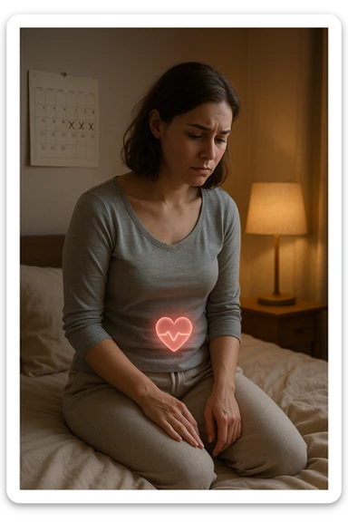 3D realistic medical illustration: a young woman in her 20s or 30s sits on the edge of a bed in a softly lit bedroom, looking thoughtful and slightly concerned. She wears comfortable loungewear, her posture is slouched, and her expression is subdued. Subtle visual cues—such as a faded calendar with missed menstrual cycles and a dimmed heart or energy icon near her abdomen—symbolize low libido and amenorrhea. The scene is realistic, intimate, and empathetic. sticker