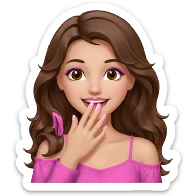 girl with long wavy brown hair, brown eyes, long lashes makeup, pink lips, light to medium complexion, pink sexy top, smiling, hand covering the mouth, giggling sticker