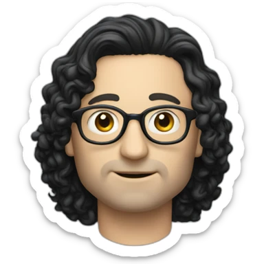 tim robinson with shoulder length curly black hair, wide triangular shape sticker